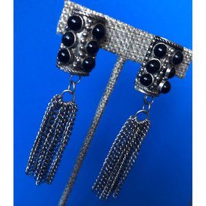 Vintage Etruscan Revival Large Black Cabochon Clip-On Earrings